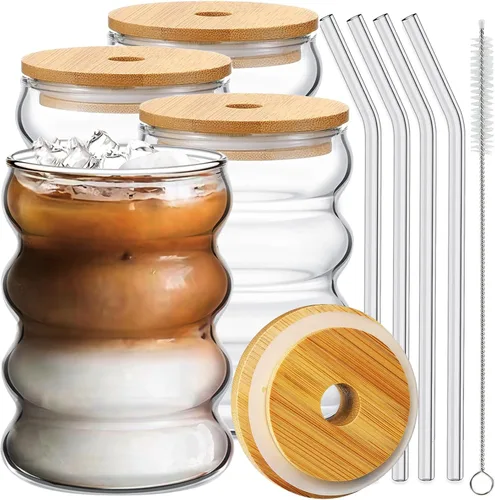 Vista 10 de Ework4U 2 Piezas Vasos para Beber con Popote de Vidrio de 14 Onzas Juego de Cristalería, Vasos de Cóctel, Vasos de Café Helado, Vasos de Cerveza