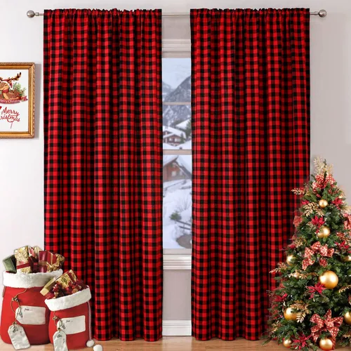 Vista 12 de WUBODTI Cortinas de filtrado de luz a cuadros beige y blanco de 63 pulgadas de largo, 2 paneles de 63 pulgadas de largo, bolsillo para barra, no se