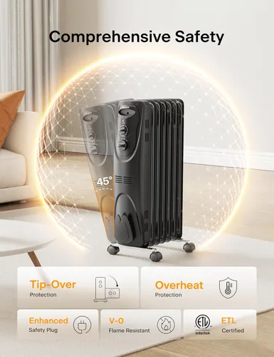 Vista 5 de PELONIS Calentador de radiador para grandes espacios, radiador eléctrico lleno de aceite, dos perillas, 1500 W, calentador de espacio silencioso, 3