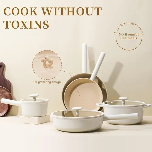 Vista 6 de JEETEE Juego de utensilios de cocina de cerámica, 15 ollas y sartenes antiadherentes con asas extraíbles, juego de utensilios de cocina de inducción