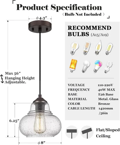Vista 4 de ELYONA Paquete de 2 Luces Colgantes de Vidrio Burbuja, Lámpara Colgante Vintage de 8 Pulgadas de Vidrio Granulado, Luminarias Colgantes Industriales