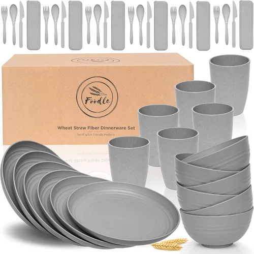 Vista 11 de FOODLE Juego de vajilla de paja de trigo, sin BPA, irrompible, apto para microondas y lavavajillas, alternativa a los platos de plástico, perfecto