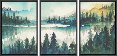 Vista 25 de MUDECOR Lienzo enmarcado para pared, juego de arte de acuarela pastel, bosque de pinos, naturaleza silvestre, ilustraciones modernas, decorativas