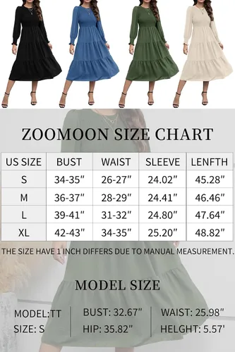 Vista 6 de ZOOMOON Vestido casual de otoño de manga larga para mujer, cuello redondo, cintura alta fruncida, vestidos largos escalonados