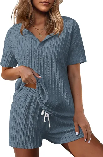Vista 3 de Ekouaer Conjunto de pijama de punto acanalado para mujer, conjunto de 2 piezas, camiseta de manga corta y pantalones cortos, conjuntos de pijama