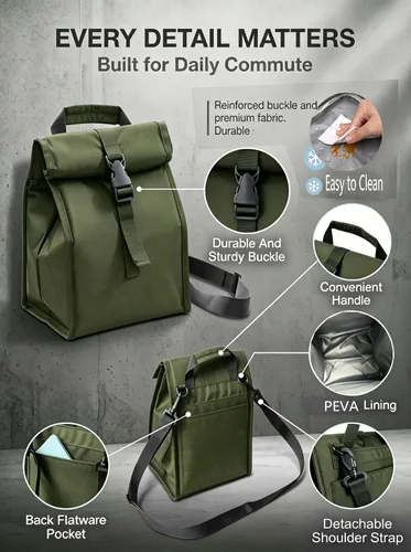 Vista 2 de ZM-YOUTOO Lonchera aislada plegable – Bolsa de almuerzo ligera y portátil con correa de hombro ajustable para hombres, mujeres, oficina, trabajo