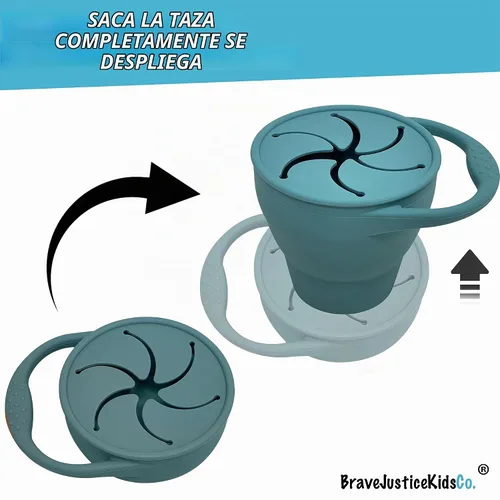 Vista 2 de BraveJusticeKidsCo - Snack Attack Cup - Contenedor de bocadillos de silicona plegable, recipiente para snacks para bebés y niños pequeños