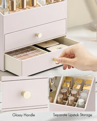 Vista 3 de Organizador de maquillaje Vlando, organizador para el cuidado de la piel para tocador, organizador de maquillaje de PU con cajones, estuche