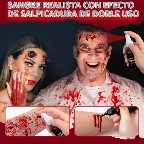 Vista 2 de Spray de sangre falsa de 2.0 onzas, maquillaje de sangre de vampiro para Halloween Cosplay, lavable