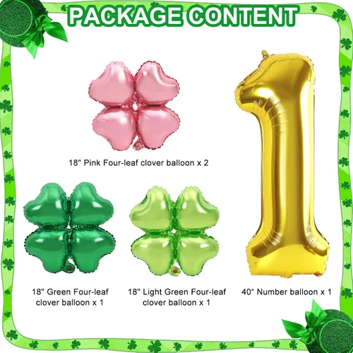 Vista 3 de Dripykiaa 5 globos dorados de 40 pulgadas para decoración de fiesta de primer cumpleaños, color rosa y verde, trébol de cuatro hojas, globos de Rosa