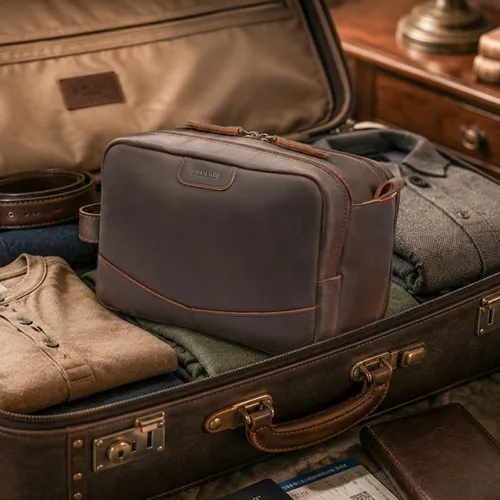 Vista 7 de Polare - Neceser de cuero de grano completo, kit de afeitado, estuche de viaje, bolsa de lavado con cremalleras YKK A- marrón oscuro