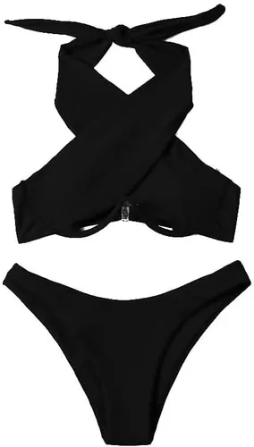 Vista 4 de Lilosy Sexy lindo con aros recortados halter bikini traje de baño conjunto mujeres Criss Cross traje de baño 2 piezas
