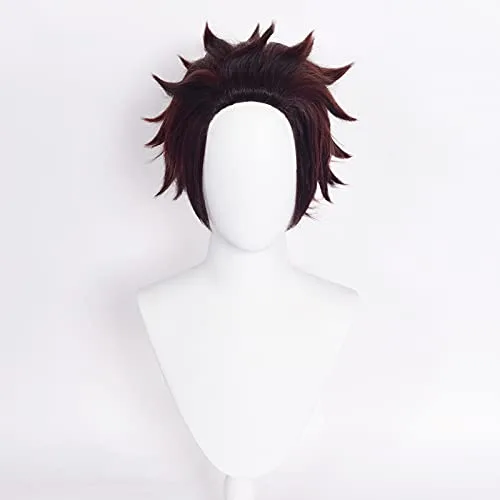 Vista 2 de Peluca marrón oscuro, peluca de cosplay de anime, peluca corta en capas para disfraz de Halloween