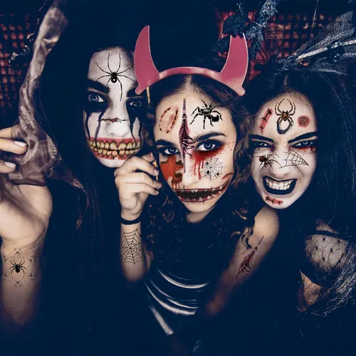 Vista 7 de Maquillaje de broma de Halloween, tatuaje temporal, 26 piezas de tatuajes temporales de Halloween para adultos, tatuajes de boca de Halloween