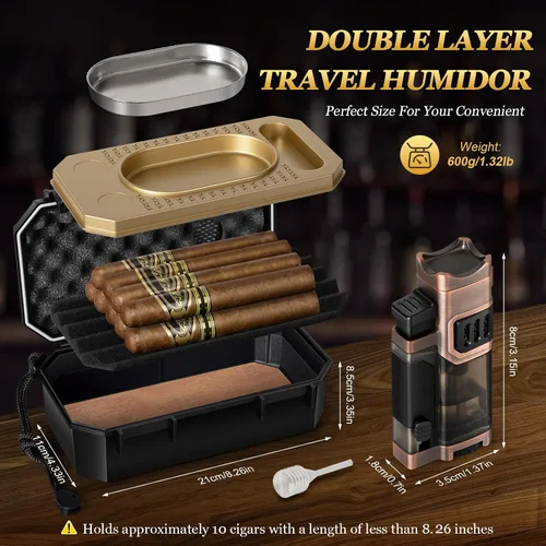 Vista 2 de Set de humidificador de puros de viaje con encendedor de antorcha, cenicero, soporte, humidificador y higrómetro, estuche de viaje portátil
