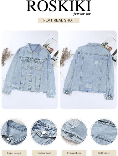 Vista 4 de EVALESS - Chaqueta de mezclilla lavada estilo novio para mujer