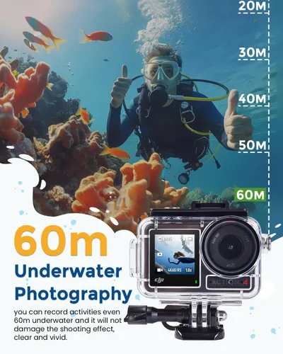 Vista 4 de Waterproof Housing Case with Dive Filters for DJI Osmo Action 5 Pro/4/3, Support 60 m/197 ft Deep Diving, Underwater Case with High Transmission