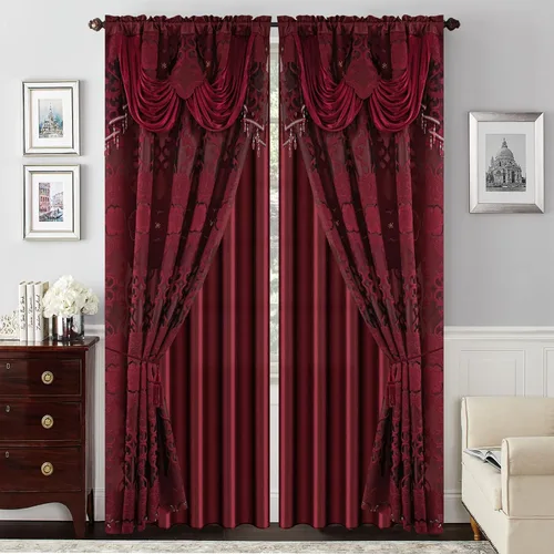 Vista 6 de Petrichor Cortinas de gasa jacquard transparente borgoña (54 pulgadas de ancho x 63 pulgadas de largo), 2 paneles con cenefa adjunta, diseño floral