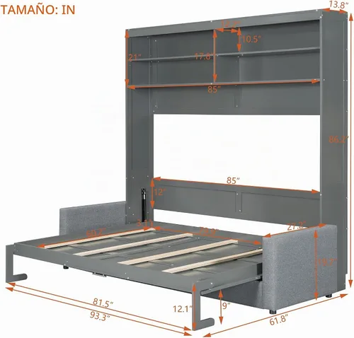 Vista 8 de Cama Murphy tamaño Queen, cama de madera Queen Murphy con sofá, cojín y estantes, gris