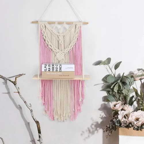 Vista 12 de LB Colgante de pared de macramé rosa, decoración de pared de macramé bohemio, borla rosa y beige, bohemio, tejido a mano, macramé, decoración