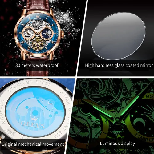 Vista 5 de OLEVS Relojes automáticos para hombre, esqueleto Tourbillon, cuerda automática, mecánica, correa de cuero auténtico, reloj de pulsera de lujo, sol