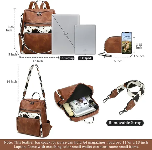 Vista 3 de Mochila de cuero para mujer, bolso de hombro para mujer, bolso de hombro de moda de imitación para trabajo, marrón (Cow Brown), Mediana, Mochila