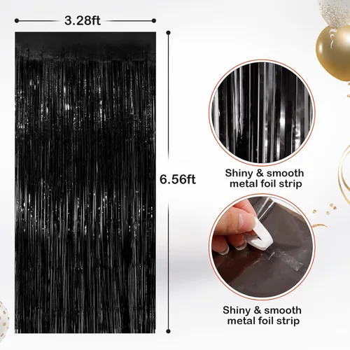 Vista 2 de Paquete de 2 cortinas de flecos de papel de oropel metálico negro, serpentinas de puerta, telón de fondo para cabina de fotos para fiesta