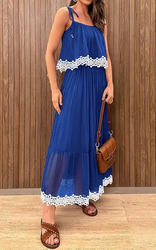 Vista 8 de NALANISA Vestido de verano bohemio para mujer, con lazo, tirantes delgados, acampanado, con volantes, para la playa