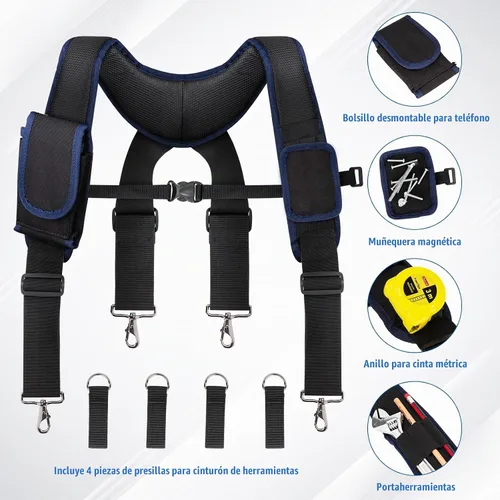 Vista 3 de Tool Belt Suspenders for Men, Adjustable Tool Belt with Magnetic Wristband Multifunctional Pouch Pocket for Workers Negro