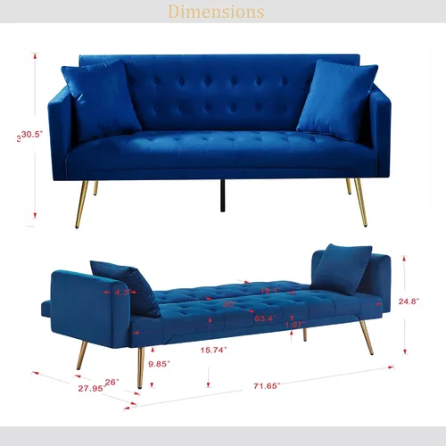 Vista 2 de Anwick Sofá Cama Futón de Terciopelo Moderno de 72", Sofá Cama Plegable Convertible con 3 Respaldos Ajustables, Sofá de Dos Plazas Reclinable Azul