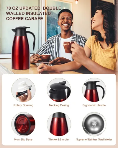 Vista 5 de Jarra térmica de café de 70 onzas para mantener el calor, 2 dispensadores de Airpot, olla térmica aislada al vacío de acero inoxidable para café
