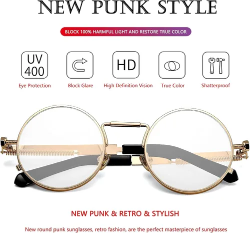 Vista 3 de AIEYEZO Gafas de sol redondas Steampunk con montura de metal gótico 100 bloqueo UV