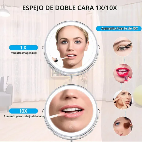 Vista 6 de Espejo de maquillaje iluminado de 8 pulgadas, espejo de maquillaje 10X con luces, espejo de aumento regulable de doble cara con luz, recargable