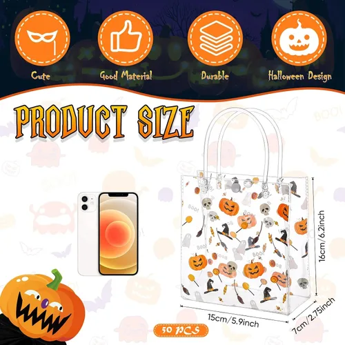Vista 2 de Silkfly 50 bolsas de regalo transparentes de Halloween con asa, bolsas de PVC para golosinas