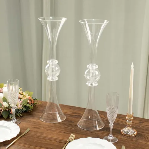 Vista 9 de Tableclothsfactory Paquete de 2 Centro de mesa de trompeta con adornos de cristal transparente de 21 pulgadas, jarrón reversible de plástico
