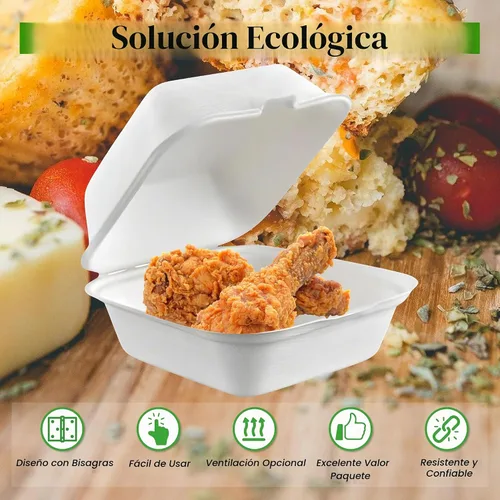 Vista 7 de Recipientes de comida para llevar con un solo compartimento 100% compostable, 6 x 6 pulgadas. 25 envases, bagazo desechable natural, biodegradable