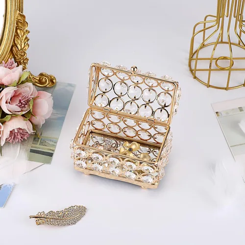 Vista 6 de ELLDOO Joyero de cristal, caja organizadora de aretes, anillos, decoración del hogar, caja decorativa con tapa, regalo dorado para San Valentín