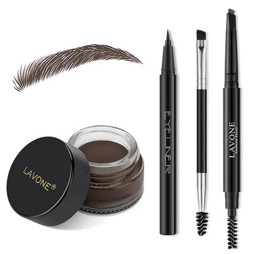 Vista 12 de LAVONE Kit de lápiz de sello para cejas, kit de maquillaje triple con lápiz de ceja impermeable, delineador, pomada de cejas y cepillo de cejas