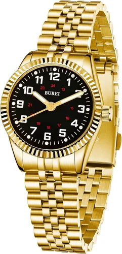 Vista 18 de BUREI Reloj de negocios para mujer con fecha de día, movimiento de cuarzo analógico, pulsera de acero inoxidable de oro plateado, reloj de moda