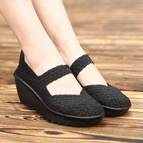 Vista 3 de EnllerviiD - Sandalias de cuña Mary Jane con puntera cerrada, con tejido, plataforma y tacón, para mujer