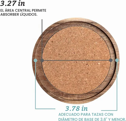Vista 2 de Portavasos de madera de acacia para bebidas, 4.13 pulgadas, juego de 6, absorbentes y aislantes, apilables de corcho, posavasos rústicos para mesa
