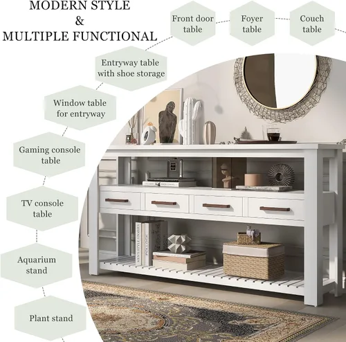 Vista 6 de Mesa consola multifunción vintage, mesa de sofá moderna de 62.2 pulgadas con 4 cajones y 2 estantes de almacenamiento, aparador de madera para Blanco
