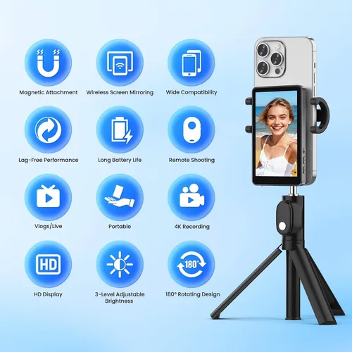 Vista 2 de Vlog - Pantalla de monitor para selfie para iPhone, grabación 4K a 60 fps, espejo de pantalla inalámbrico con control remoto, fijación magnética