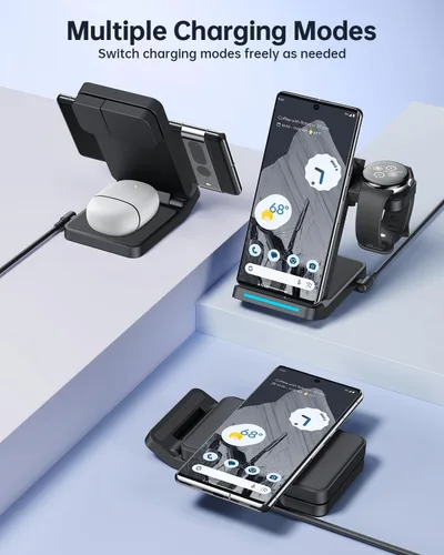 Vista 7 de Cargador Inalámbrico Plegable para Google Pixel Watch 3/2, Estación de Carga Rápida 3 en 1 con Soporte para Pixel 10 Pro XL/10 Pro/9/8/7