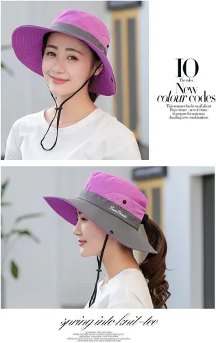 Vista 6 de Sombrero de pesca de playa de ala ancha para mujer, con protección UV, plegable, con agujero para cola de caballo