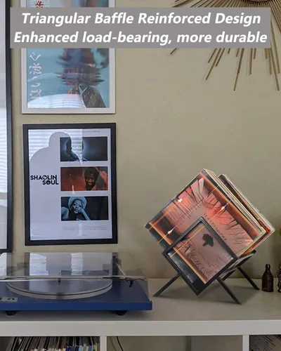 Vista 6 de Soporte para discos de vinilo, organizador de vinilo 80-110 LP, estante de almacenamiento de álbumes de metal para libros, álbumes, revistas