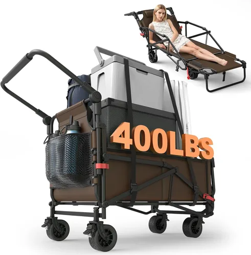 Vista 12 de LEVELEVE Vagón Plegable de Servicio Pesado - Carrito Plegable 2 en 1, Capacidad de 400 libras, Ruedas Todo Terreno con Frenos y Bolsillos Laterales