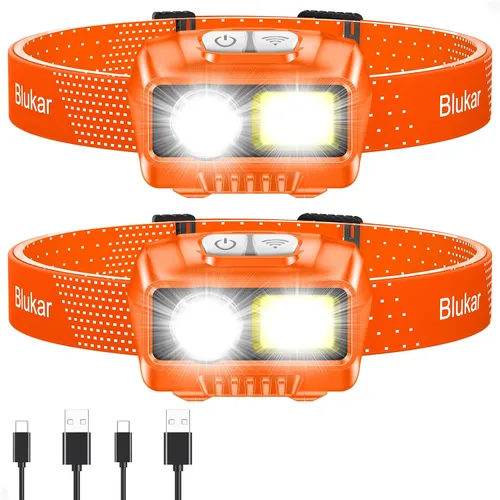 Vista 11 de Blukar Linterna frontal LED recargable, 2000L de alto lumen súper brillante regulable linterna con sensor de movimiento, 8 modos, foco e reflector