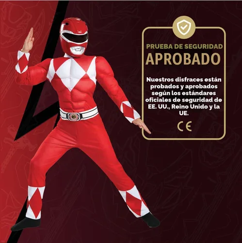 Vista 5 de Disfraz de Red Ranger muscular, disfraz oficial de Power Rangers con máscara