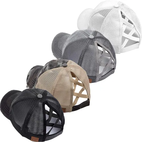 Vista 108 de Funky Junque - Sombrero de cola de caballo para mujer, gorra de béisbol con ajuste ajustable y cola de caballo alta cruzada para uso diario Paquete